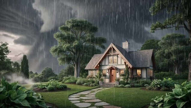 Cozy cottage in rainy weather with stormy skies and lush garden