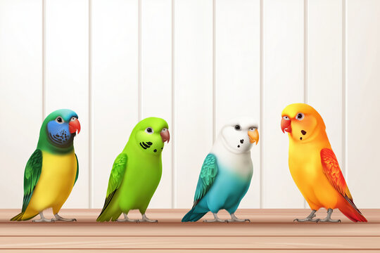 Four colorful pet parakeets perched on a wooden table against a light background