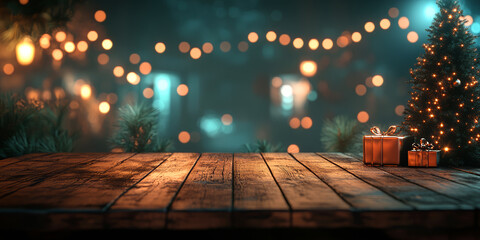 Christmas Season with Empty Space on Wooden Desk  Podium for Your Decorations with ornament glowing bokeh lights in background