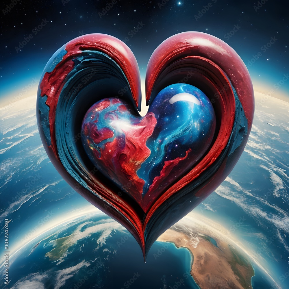 Poster a heart symbolizing love set against a cosmic background representing the vastness of the universe a
