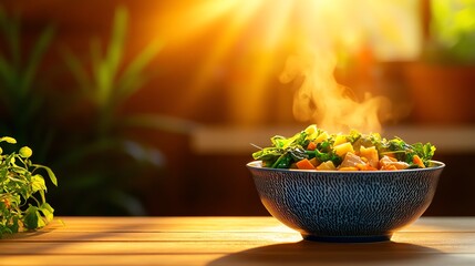 Thanksgiving miso soup with turkey, daikon, and autumn greens, served in a traditional bowl, steam rising, cozy Japanese ambiance, seasonal comfort
