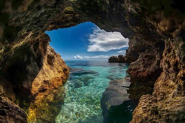 Fototapeta premium A View Through a Rock Formation of a Calm Ocean and Blue Sky