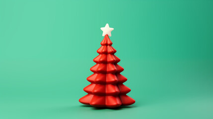 Obraz premium Christmas tree, molded from red plasticine on a green background. Toy plastic New Year tree with a star. Christmas banner, photo for postcards. Volumetric small tree