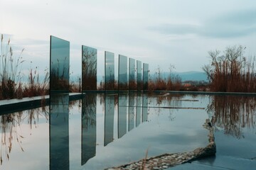 Obraz premium Reflective glass panels stand in formation along a tranquil water feature, merging art with nature’s stillness.