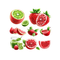Fresh Red Fruits and Green Lime Slices with Juice in a Jar