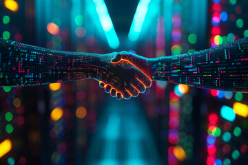 Client server handshake in digital futuristic virtual space, symbolizing technology and online collaboration, highlighting integration of digital systems for efficiency