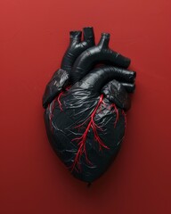 Black heart sculpture with red veins on vibrant red background, symbolises insensitivity to relationships and callousness of human feelings