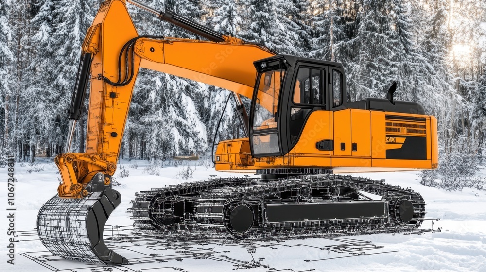 Aufkleber a dynamic image of an excavator working at a construction site, overlaid with engineering blueprints