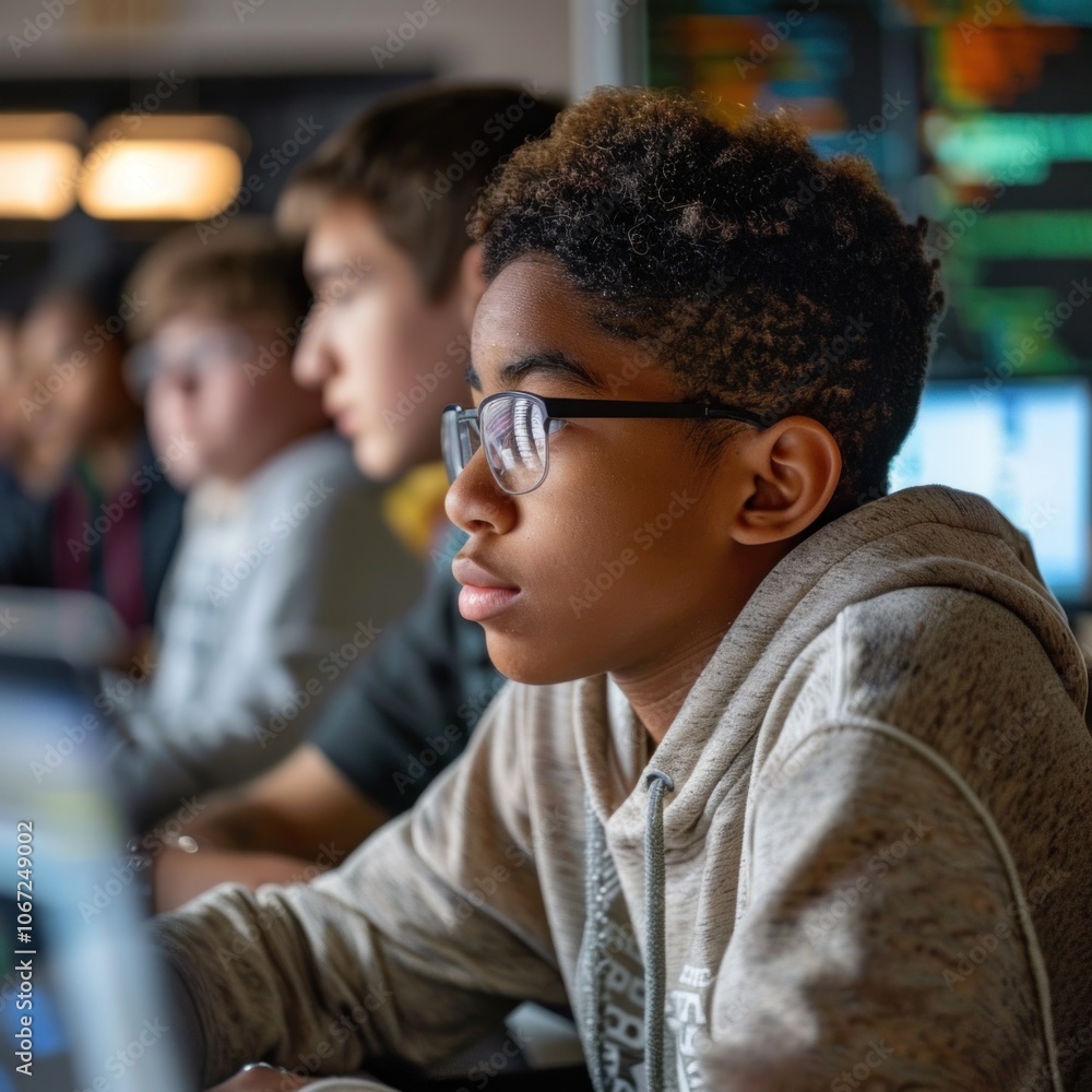 Poster focused students immersed in technology learning environment with coding on screens