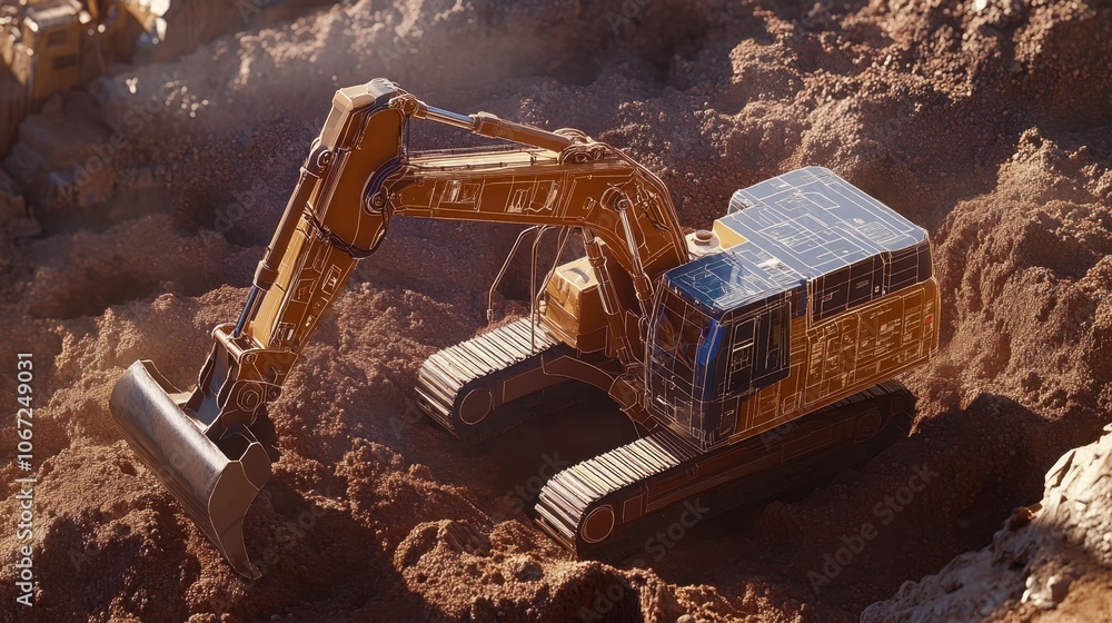 Aufkleber a dynamic render of an excavator in action, digging into the earth, with engineering schematics over