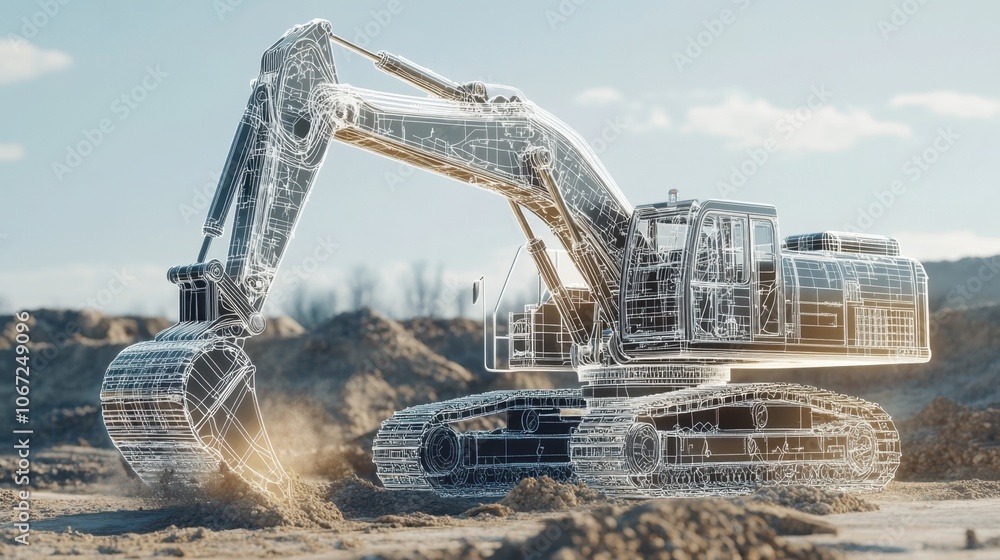 Aufkleber a dynamic render of an excavator in action, digging into the earth, with engineering schematics over