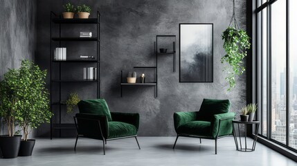 Modern Interior Design with Green Velvet Armchairs and City View