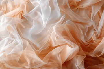 Delicate layers of translucent fabric in soft peach and cream colors swirl, creating a dreamy and ethereal tapestry.