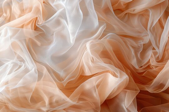 Delicate layers of translucent fabric in soft peach and cream colors swirl, creating a dreamy and ethereal tapestry.