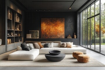 chic modern interior with dark walls and warm lighting showcasing a stylish mockup space for art or design presentations evoking a calm and sophisticated atmosphere