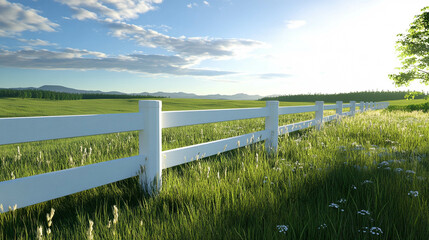 Fototapeta premium A beautiful farm landscape view with a white fence