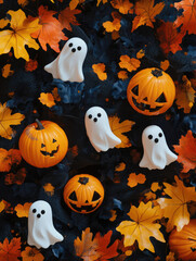 White ghosts and pumpkins on autumn leaves