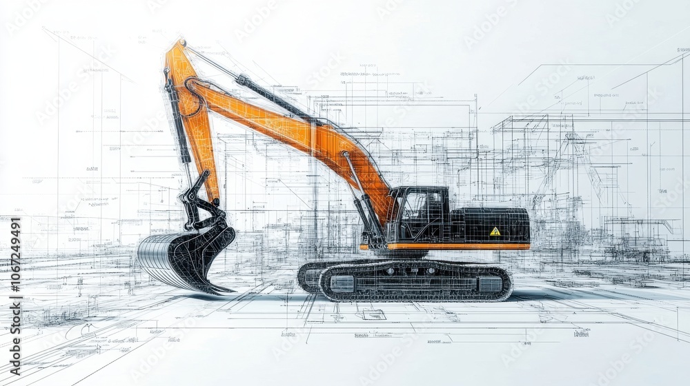 Aufkleber a dynamic side view of an excavators boom and bucket, with engineering schematics providing a detail