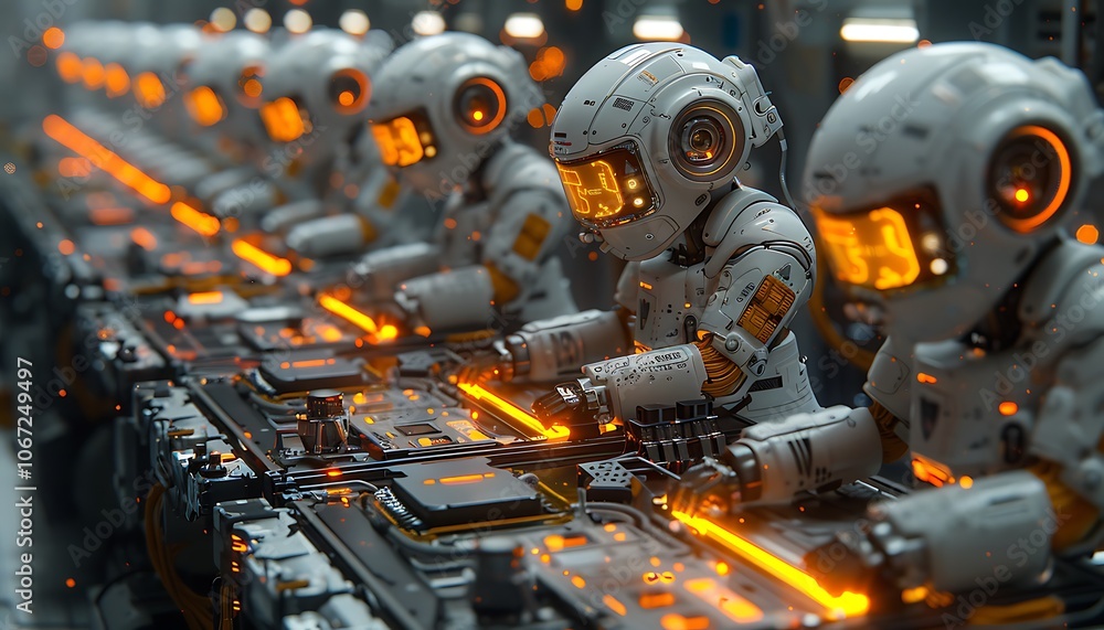 Aufkleber A line of robotic figures in space suits works methodically at a conveyor, highlighted by glowing orange lights.