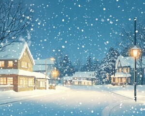 Fototapeta premium Charming snowy village at twilight: cozy winter wonderland scene