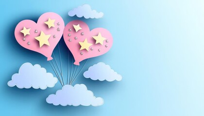 Obraz premium Floating heart balloons with stars and clouds, layered papercut, pastel love theme, papercut style background, no blur, photo not dark, everything is clear, copy space