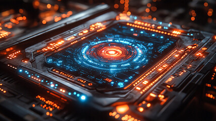 Fototapeta premium Futuristic Technology Interface Glowing in Blue and Orange Colors at Night. Generative AI