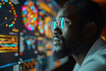 Focused analyst examining data visualizations on a dynamic display