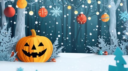 Halloween pumpkin and Christmas ornaments combined in papercut style