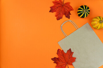 Paper shopping bag, small pumpkins and autumn maple leaves on an orange background. Fall shopping and Thanksgiving sales concept. Top view. Flatlay composition. Copy space.