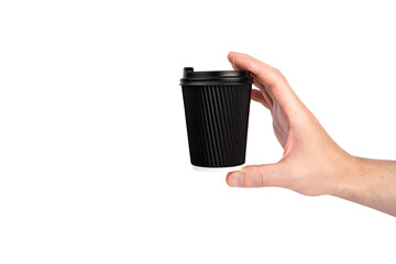 Man's hand holds a disposable paper cup with fresh coffee or tea isolated on a white background.