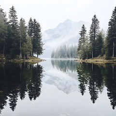 Fototapeta premium Serene Mountain Reflection in Misty Forest Lake