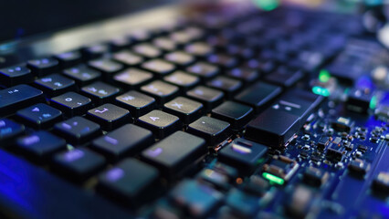 A dusty, worn keyboard in close-up with a blurred computer monitor