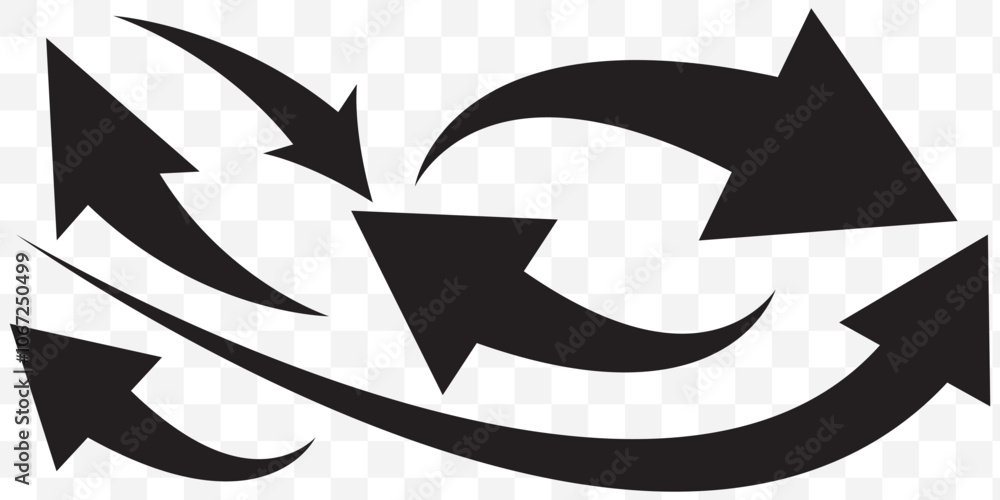 Poster curved arrow right direction vector sign . isolated transparent . black large . big set simple icon 