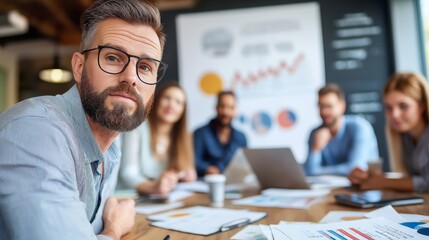 Focused Business Team Analyzing Data in Modern Office Meeting Room