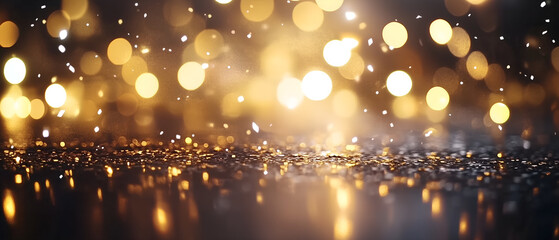 Naklejka premium golden glitter falling down and sparkling in the light; festive, simple, glimmering bokeh background