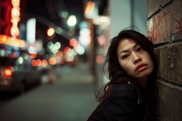 A woman leans against a brick wall, her expression intense against a backdrop of blurred city lights.