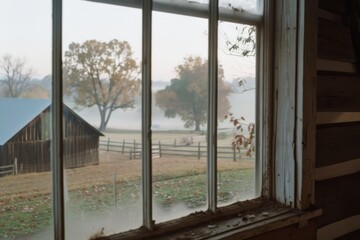 Naklejka premium A rustic farm view seen through a window, showcasing a misty morning landscape with autumn trees and barns, evoking nostalgia and countryside peace.