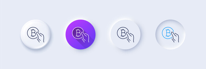 Bitcoin pay line icon. Neumorphic, Purple gradient, 3d pin buttons. Cryptocurrency coin sign. Crypto money symbol. Line icons. Neumorphic buttons with outline signs. Vector