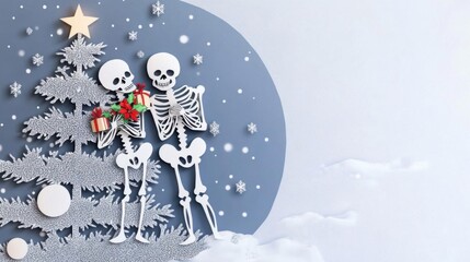 Pastelcolored skeletons decorating a Christmas tree