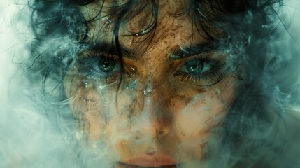 Obraz premium Intense Gaze: Woman's Face Emerging From Smoke and Water
