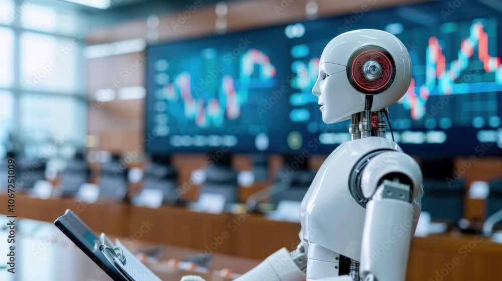 Aufkleber ai robot analyzing financial data in a modern office environment