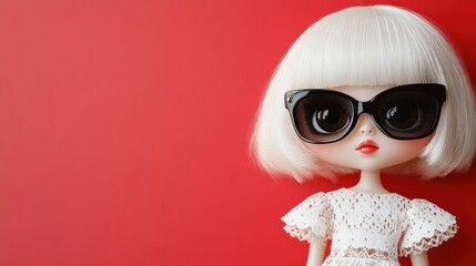 Obraz premium Stylish doll with sunglasses against a vibrant red background, AI