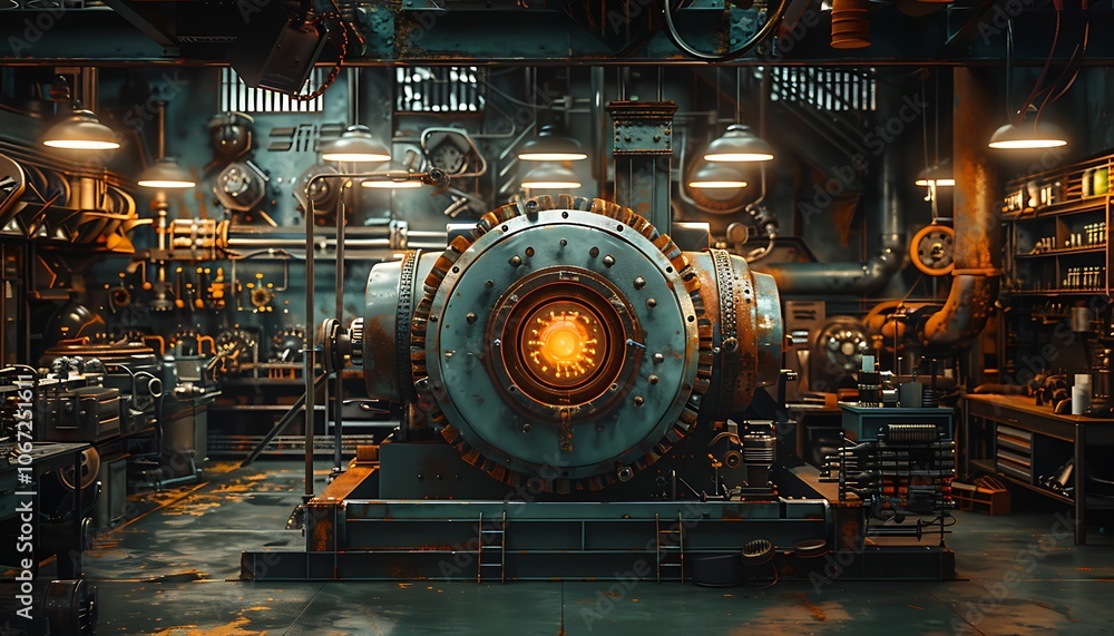 Aufkleber a dimly lit workshop featuring a large, circular machine with an orange glow, surrounded by tools an