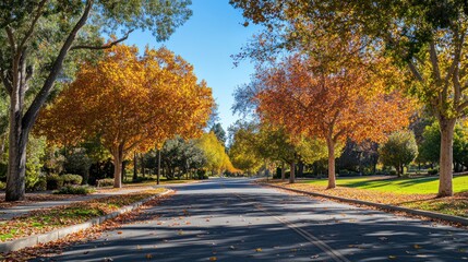 Obraz premium Road in Autumn - Road bordered by trees with vibrant autumn leaves, showcasing the warm colors of fall.
