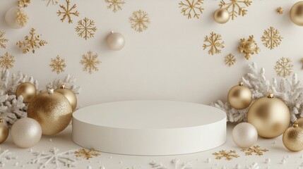 3D-Renderd  podium with golden christmas ornaments