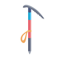 Climbing ice axe in flat design. Alpinism icebreaker with handle, trekking tool. Vector illustration isolated.