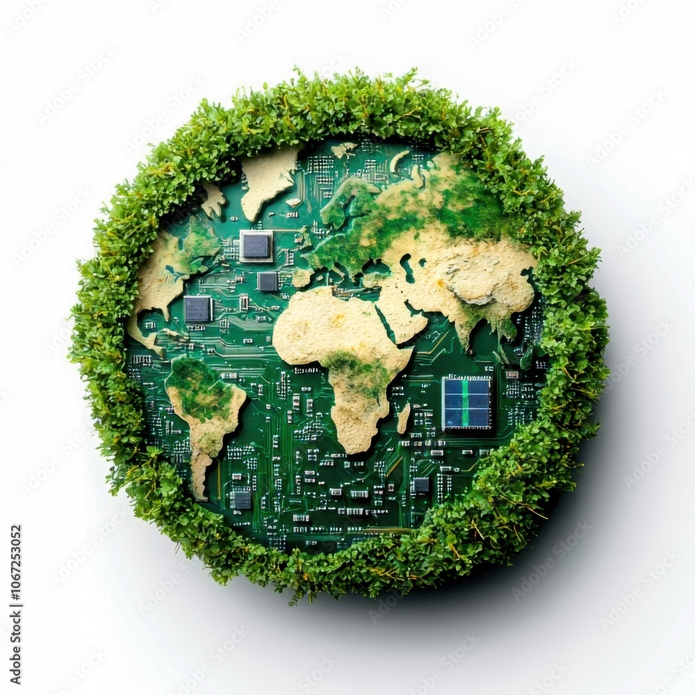 Poster symbolize: a microchip integrated into a futuristic globe, symbolizing the technological connections