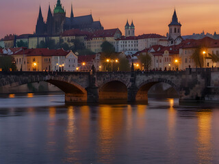 Naklejka premium 체코 해질녘 프라하 구시가지의 자갈길을 거닐며 언덕 꼭대기에 빛나는 장엄한 프라하 성을 감상한다고 상상해 보세요. 부드러운 랜턴이 비추는 블타바 강 위에는 상징적인 찰스 다리가 뻗어 있으며, 조각상의 실루엣이 긴 그림자를 드리우고 있습니다. 