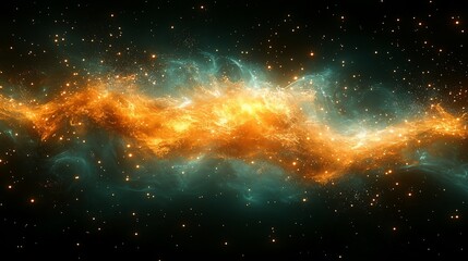 Fototapeta premium A vibrant nebula of orange and green gas clouds against a black starry sky.