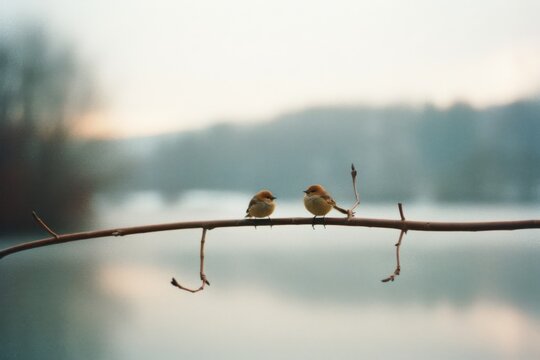 Two small birds perch closely on a bare branch above a misty lake, embodying a precious moment of companionship and tranquility in nature.
